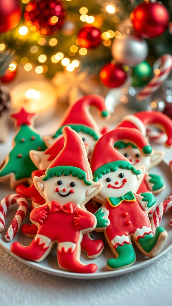 A festive plate of decorated Christmas Elf cookies in various colors, surrounded by holiday decorations.